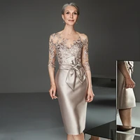 elegant bow mother dresses of bridal illusion half sleeve applique lace guest wedding dresses with knee length satin mermaid