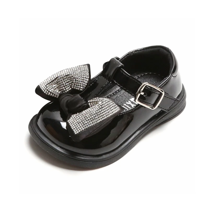 

11.5-15.5cm Brand Patent Leather Shoes For Kids Girls Spring Bling Rhinestones Butterfly-knot Strap Dress Shoees For Birthday