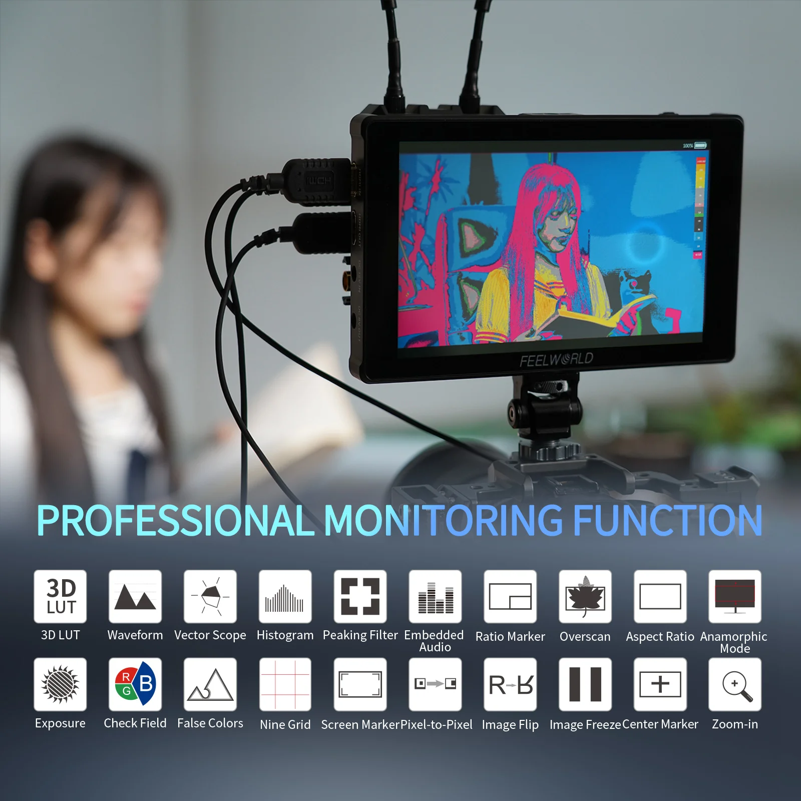 Фото FEELWORLD F7 PLUS 7-дюймовый сенсорный монитор для DSLR-камер с яркостью 1200 нит, HDR, 3D LUT, волнообразным графическим отображением, комплект для установки F970, 4K 60 Гц, HDMI вход/выход №4
