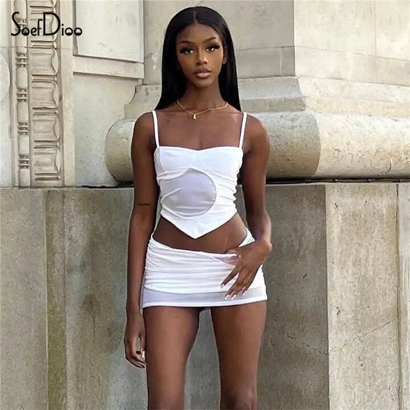 

Soefdioo Mesh Patchwork Two Piece Set Women Hipster Sexy Crop Tank Top and Mini Skirt Matching Spring 2023 Party Club Outfits