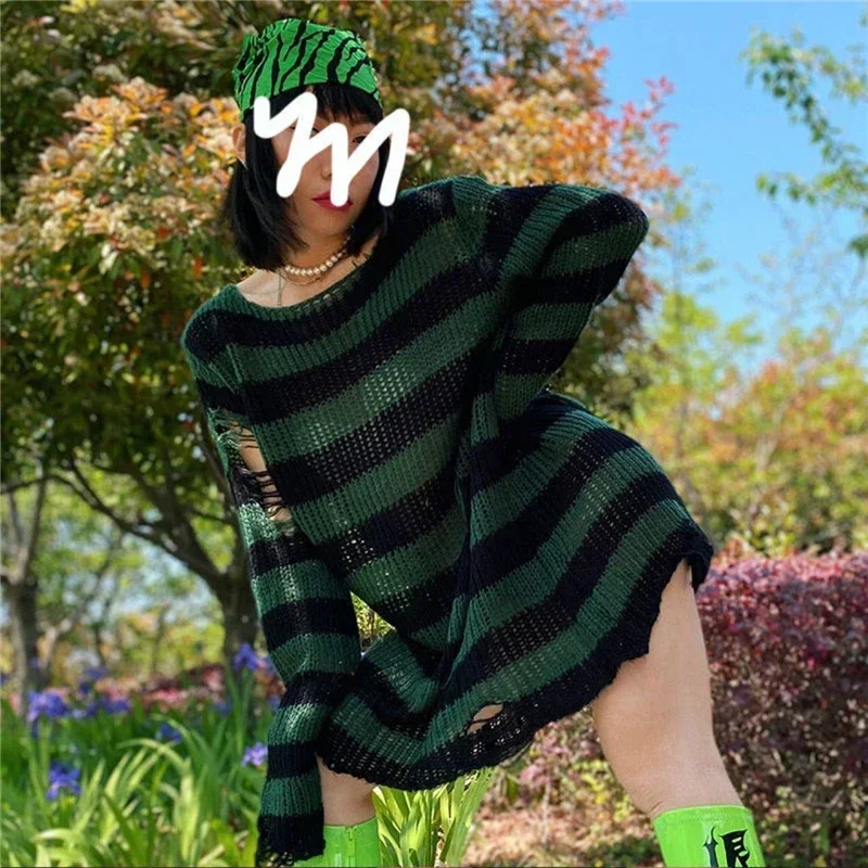 Женский пуловер с дырками Goth Punk готический Свитер оверсайз полосатый крутой