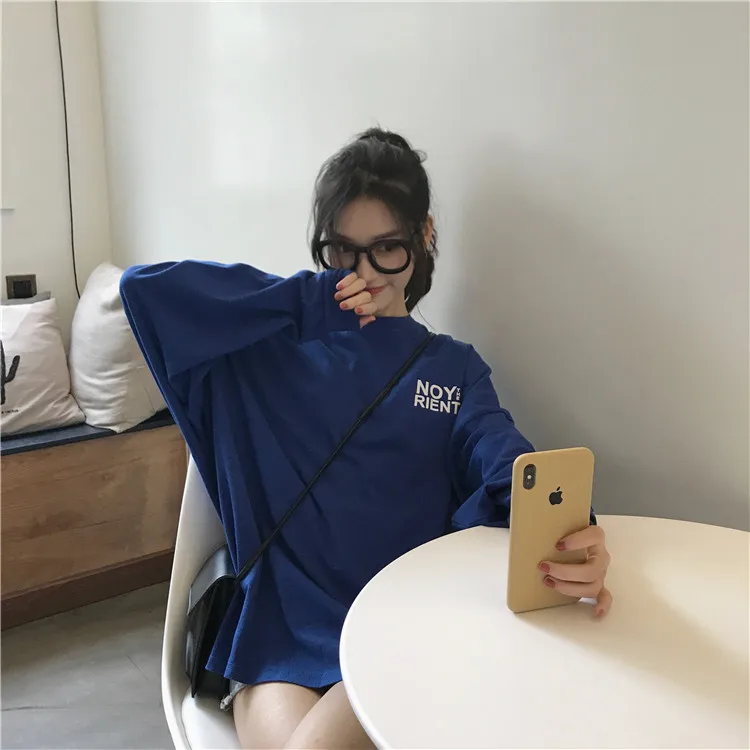 

6502 Spring and autumn new Korean style super fire cec loose mid-length long-sleeved hoodless Sweatshirts