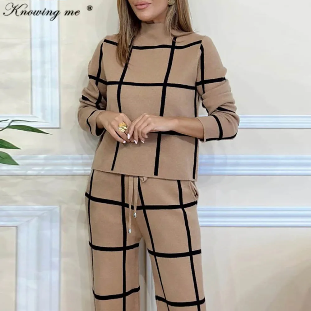 Женский зимний спортивный костюм элегантный пуловер в клетку с принтом топ и