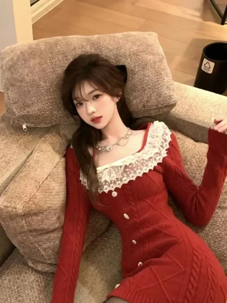 Korejepo Новый год Рождество Pure Desire платье с квадратным вырезом свитер женский осень