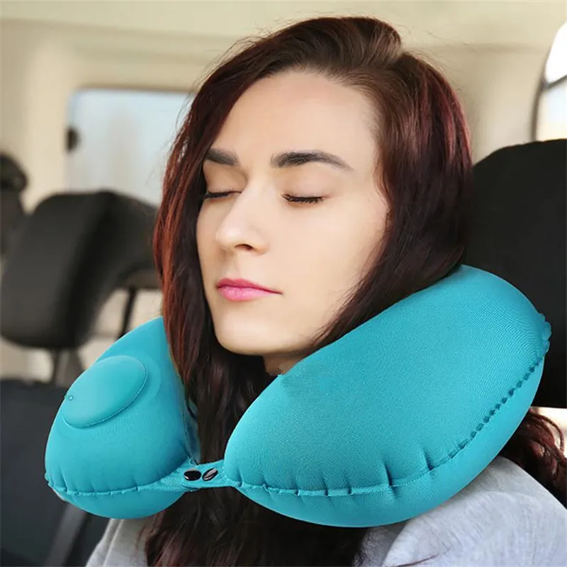 

U-Shape Travel Pillow Automatic Air Inflatable Neck Cushion Airplane Car Portable Cervical Vertebr Pillow Folding Press Type