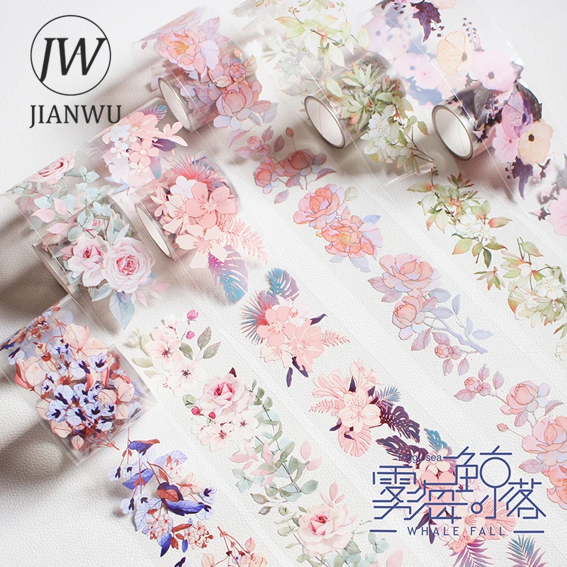 JIANWU 5/6 Rolls/Set Romantic Flowers PET Washi Tape Transparent Cute Journal Scrapbooking Decoration Masking Tapes Stationery