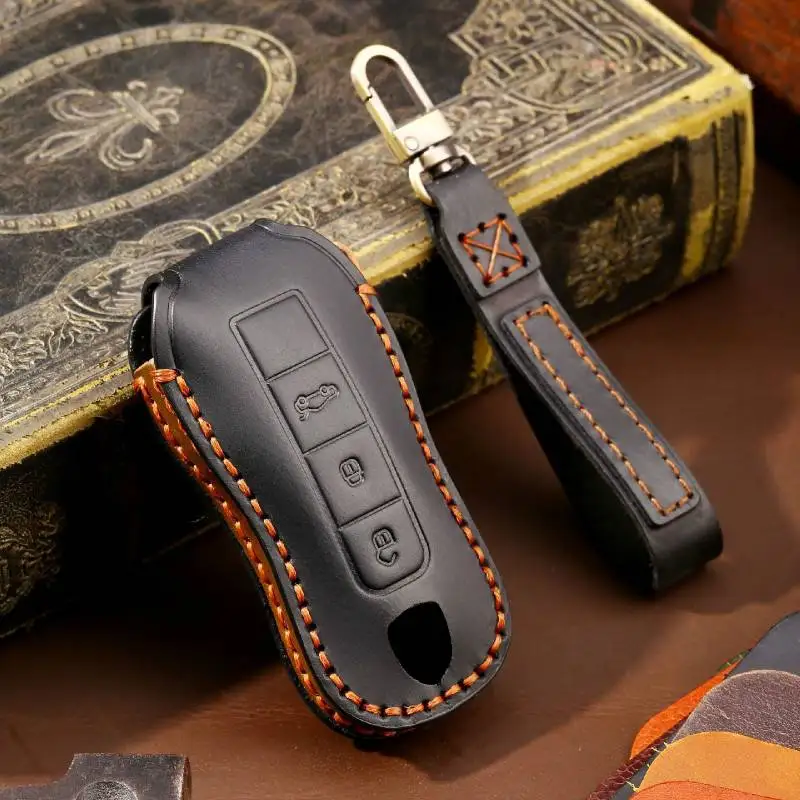 

For Leather Car Key Cover Case Fob Keychain Holder for Porsche Macan 718 Cayenne Palmer Lamela 911 Accessories Keyring Shell