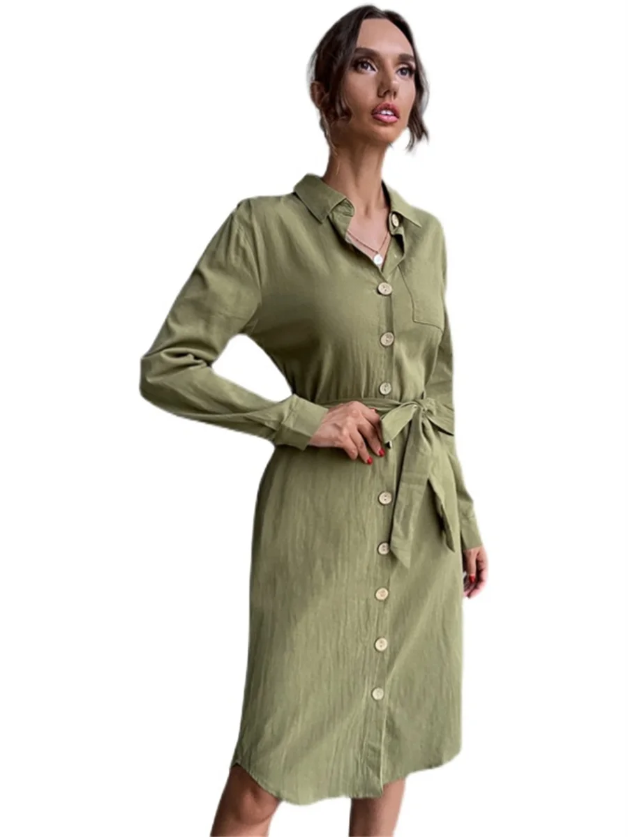 

Woman Spring Autumn Style Shirt Dress Lady Turn-down Collar Long Sleeve Solid Color A-Line Mini Dress SS4179