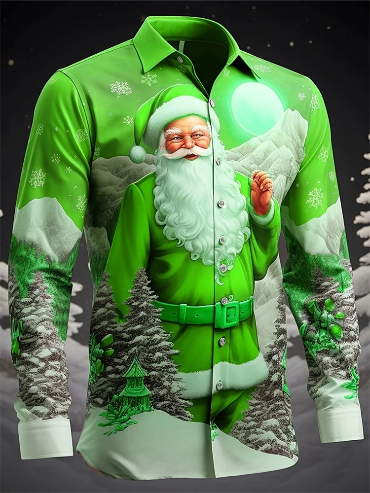 Мужская рубашка с длинным рукавом и принтом Санта-Клауса