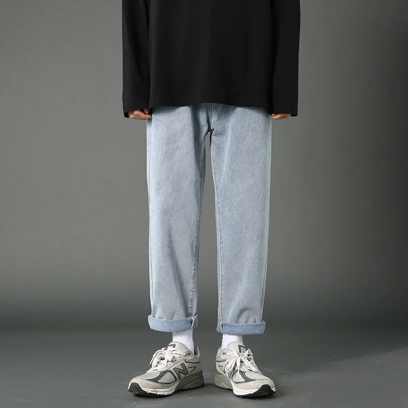 2022 Spring New Men's Denim Cropped Pants Korean Fashion Style Loose Skinny Jeans Male Light Blue Dark Grey