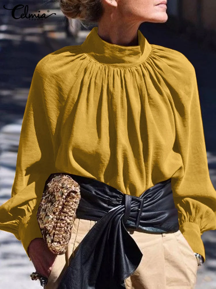 

Elegant Long Puff Sleeve Tops Celmia Women Fashion Stand Collar Blouses Pleated 2022 Spring Summer Tunic Back Buttons Chemise