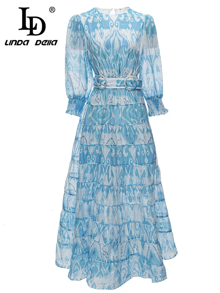 

LD LINDA DELLA Summer Fashion Designer Vintage Sky Blue Dress for Women 0 Neckline Temperament Belted Party Dress