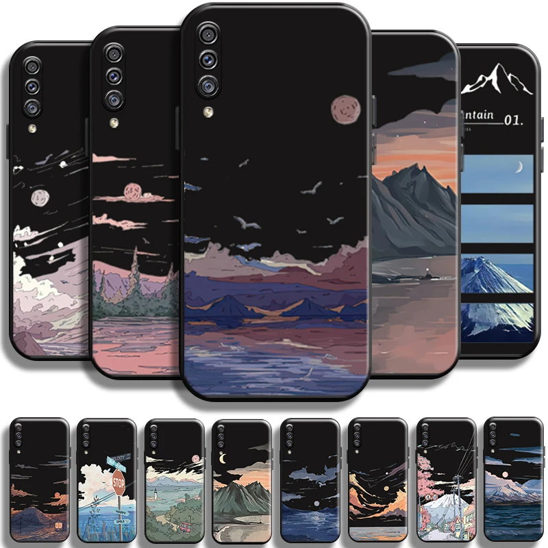 

Night Landscape Painting For Samsung Galaxy A50 Phone Case TPU Funda Cases Coque Liquid Silicon Soft Shockproof Black