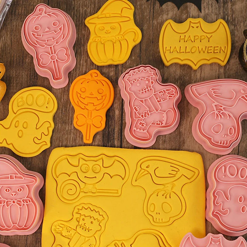 

8Pcs/set Halloween Cookie Cutters Plastic Cartoon Pressable Biscuit Mold Kitchen Baking Pastry Bakeware Tool