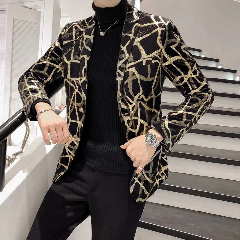 

High Quality Gold Velvet Blazer Fashion Korean Slim Print Men's Blazer Jackets Men's Prom Club Dress Suit Jacket Masculino M-5XL