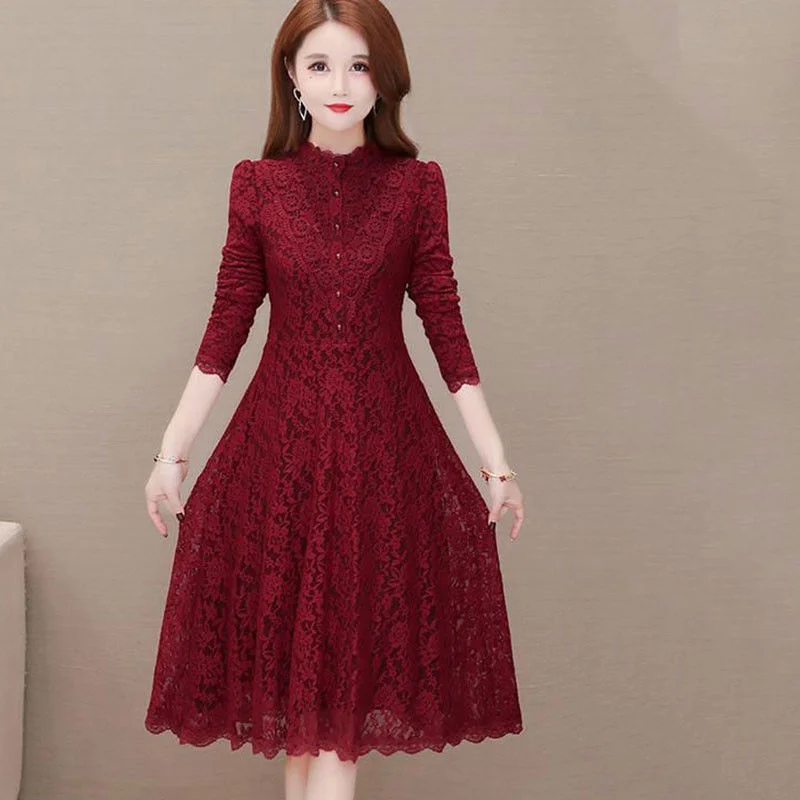 Женское однотонное кружевное платье с длинным рукавом и высоким воротником