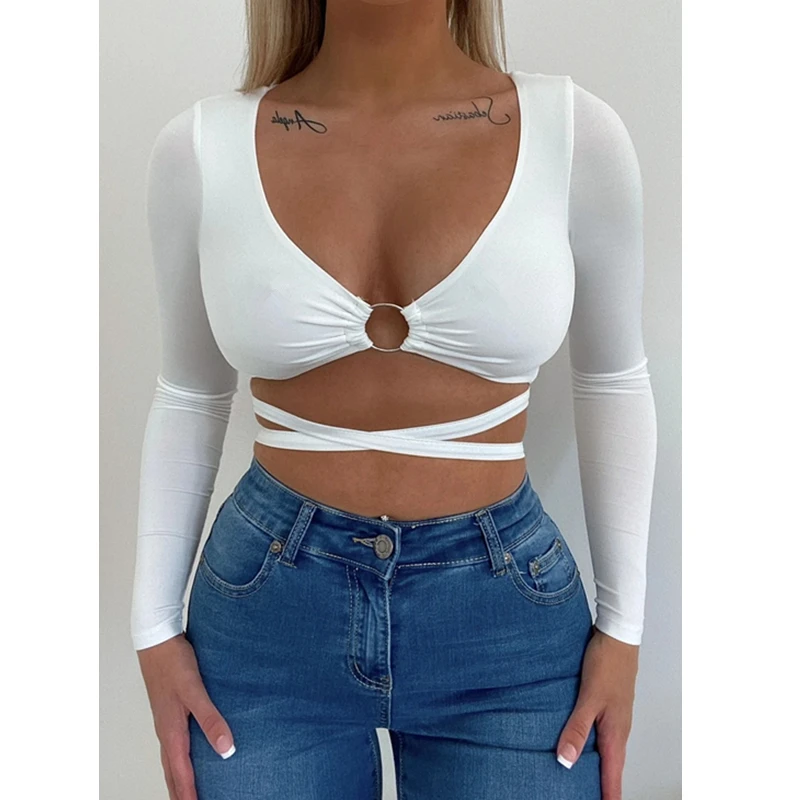

Women T-shirts Solid Color Simple Style Bandage Crop Tops Ladies Long Sleeve Lowcut Deep V Neck Slim-fit Tees Fashion Streetwear