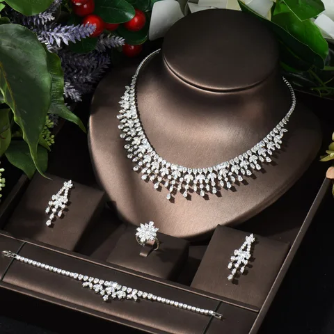 HIBRIDE новые наборы ювелирных изделий в Дубае дизайн листьев свадебное ожерелье серьги набор AAA кубического циркония femme женские свадебные аксессуары N-242