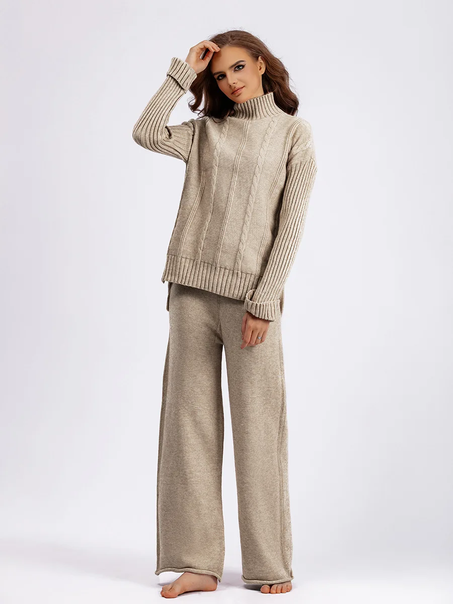 Однотонный плотный пуловер с высоким воротником вязаный комплект из 2 предметов