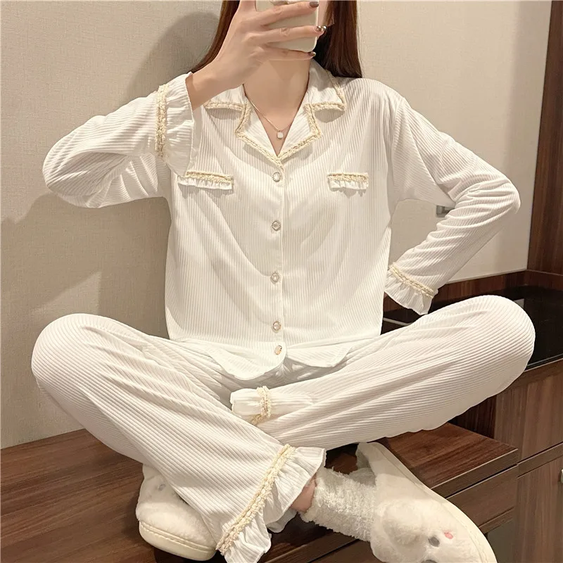 

Autumn New Simple Solid Women Home Clothes Two Piece Suit Female Soft Comfortable Nightclothes Loose Casual Daily Pajamas Set
