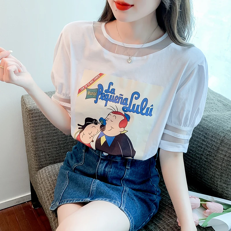 

2022 Summer Thin T-Shirt Women Fashion Cartoon Printing Elegant Lantern Sleeves O Neck Tops Ropa Mujer S-XL