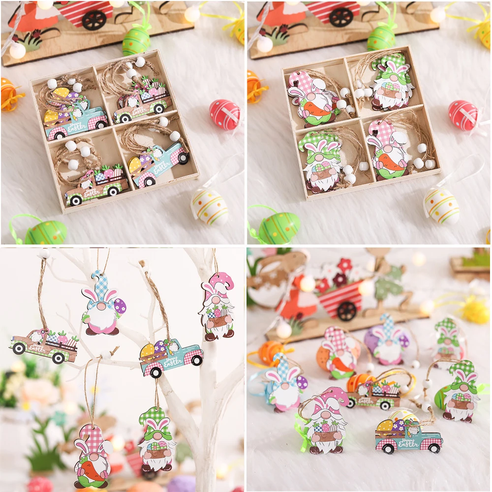 

12pcs Easter Eggs Rabbit Car Wooden Pendants Happy Spring Easter Decoration for Home 2023 Carrot Faceless Gnome Easter Day Gifts