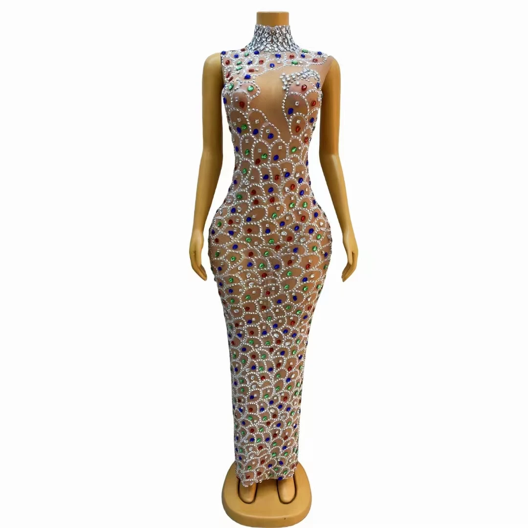 

Сексуальное сценическое обнаженное Сетчатое Прозрачное платье с разноцветными искусственными кристаллами платье для свадьбы дня рождения празднования выпускного вечера фотосессия платье