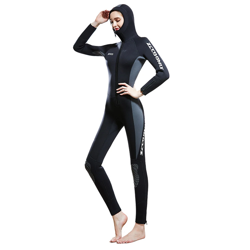 5MM Neoprene Wetsuit Women Fashion Front Open Zipper One Piece With Hood Thickened Warm Swimming Surfing Snorkeling Wetsuit