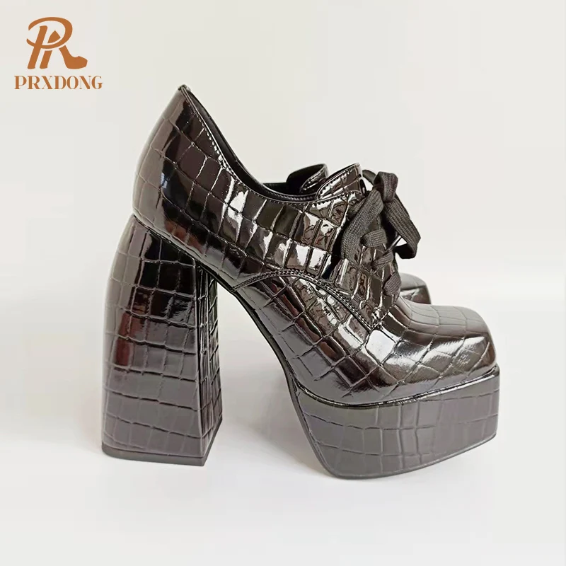 

Brand Women Shoes 2022 New Spring Autumn Micofiber Leather Thick High Heel Platform Black Brown Lace Up Dress Party Office Shoes