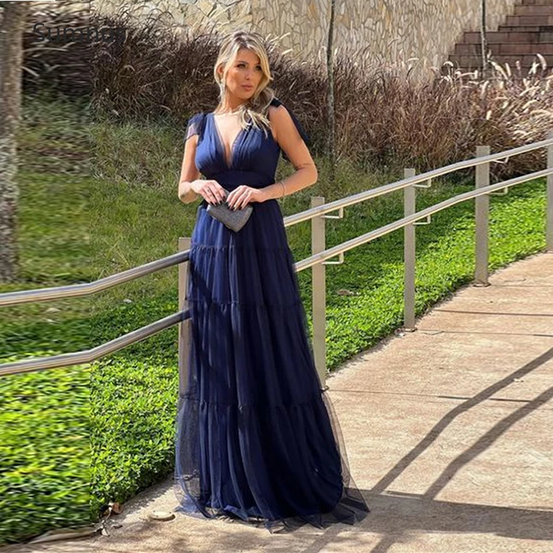 

Платье для выпускного вечера Sumnus, темно-синее элегантное Многоярусное вечернее платье с V-образным вырезом, длиной до пола, 2022