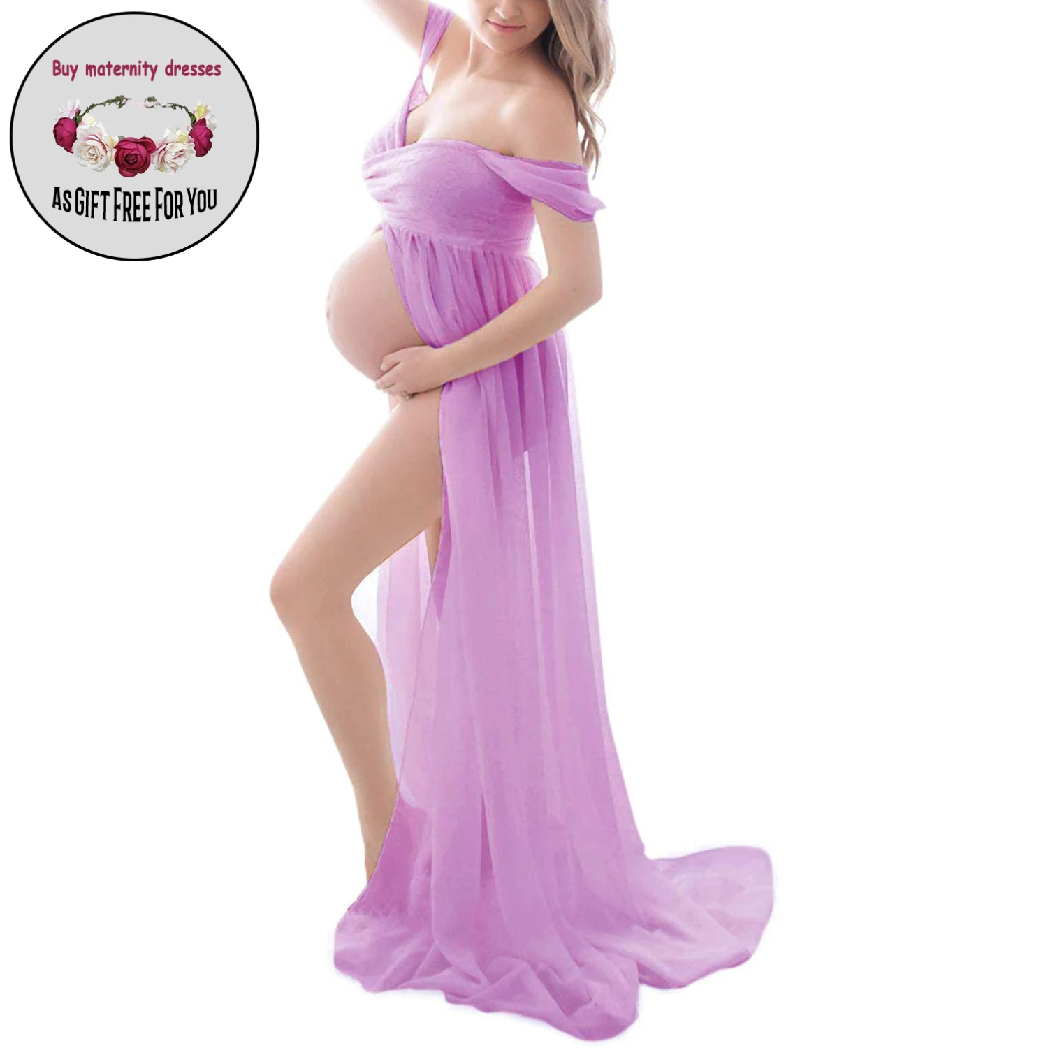 Women maternity Photography dress  Sexy split   Off-Shoulder  Floor Length  dress Maxi Dress