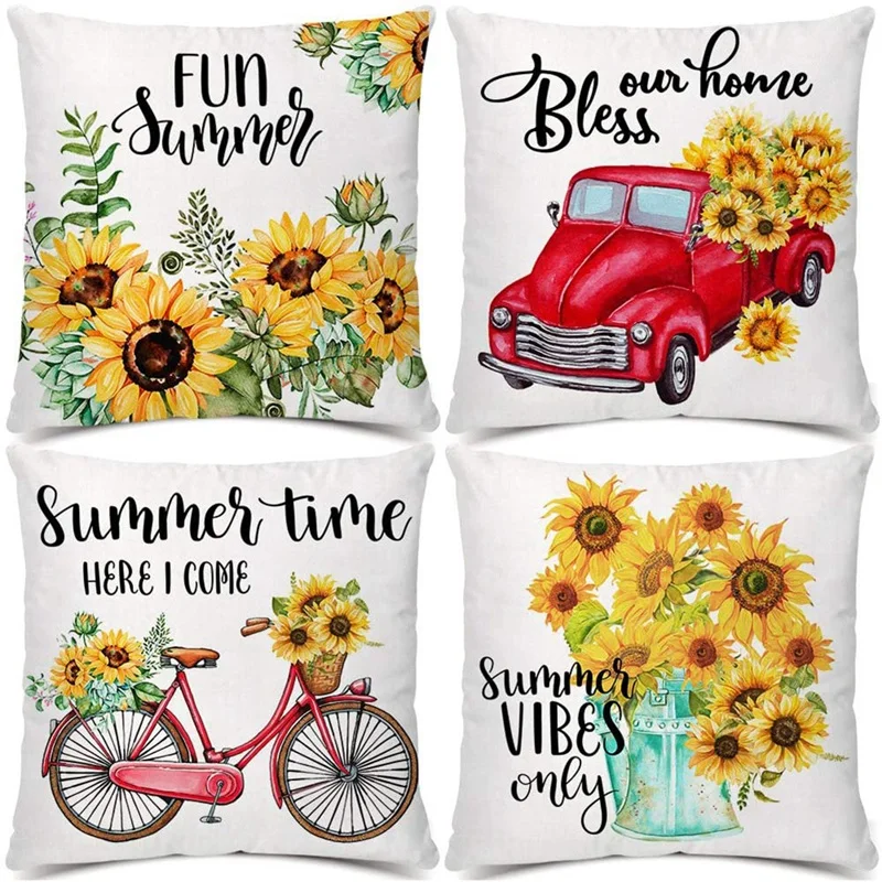 

Summer Pillow Covers 18X18 Set Of 4, Farmhouse Outdoor Pillow Covers,Porch Decor Pillow Covers For Living Room