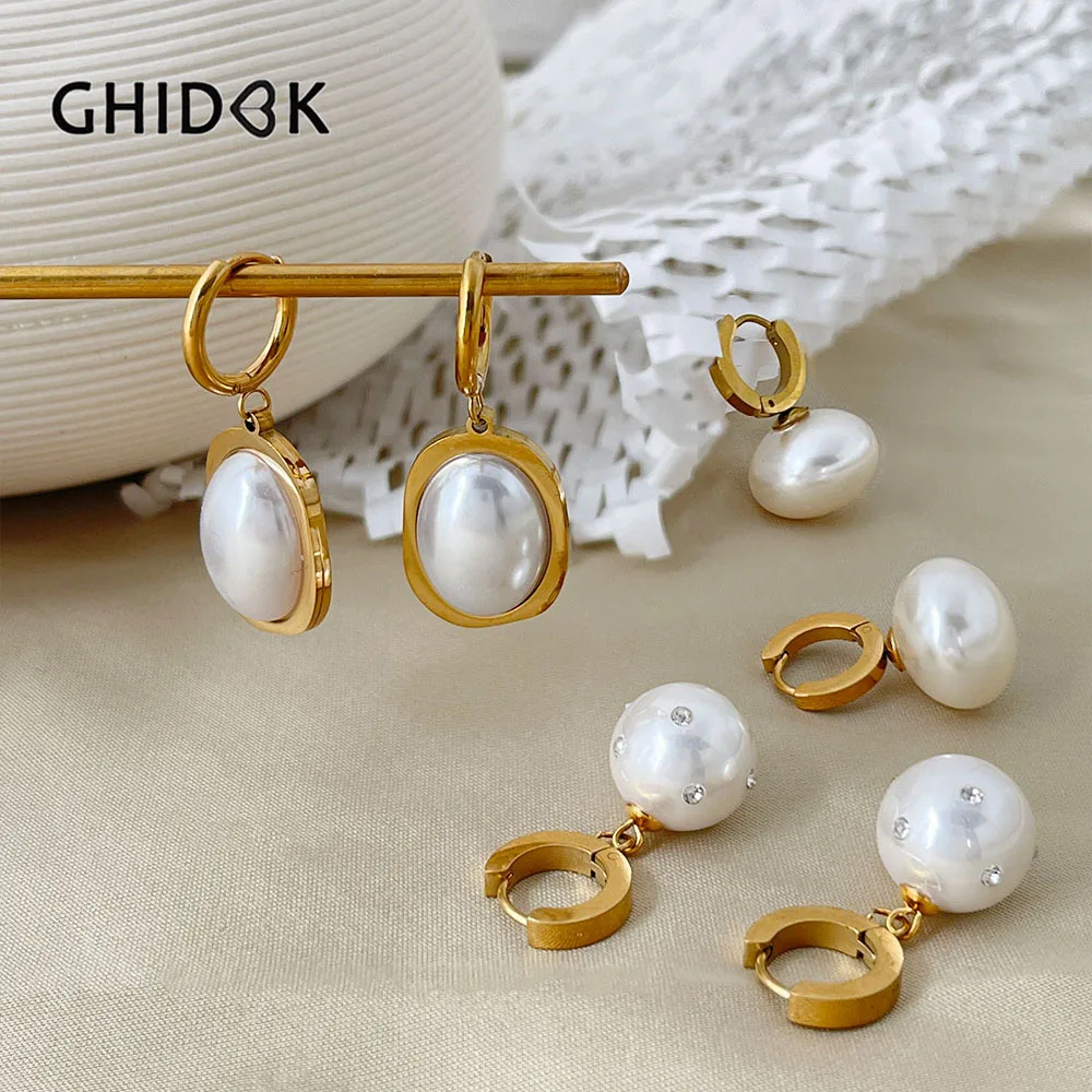 

Ghidbk Faux Pearl Earrings Collection Stainless Steel Gold Pvd Plated Dangle Pearls Hoop Huggie Earrings Bridal Jewelry Gift