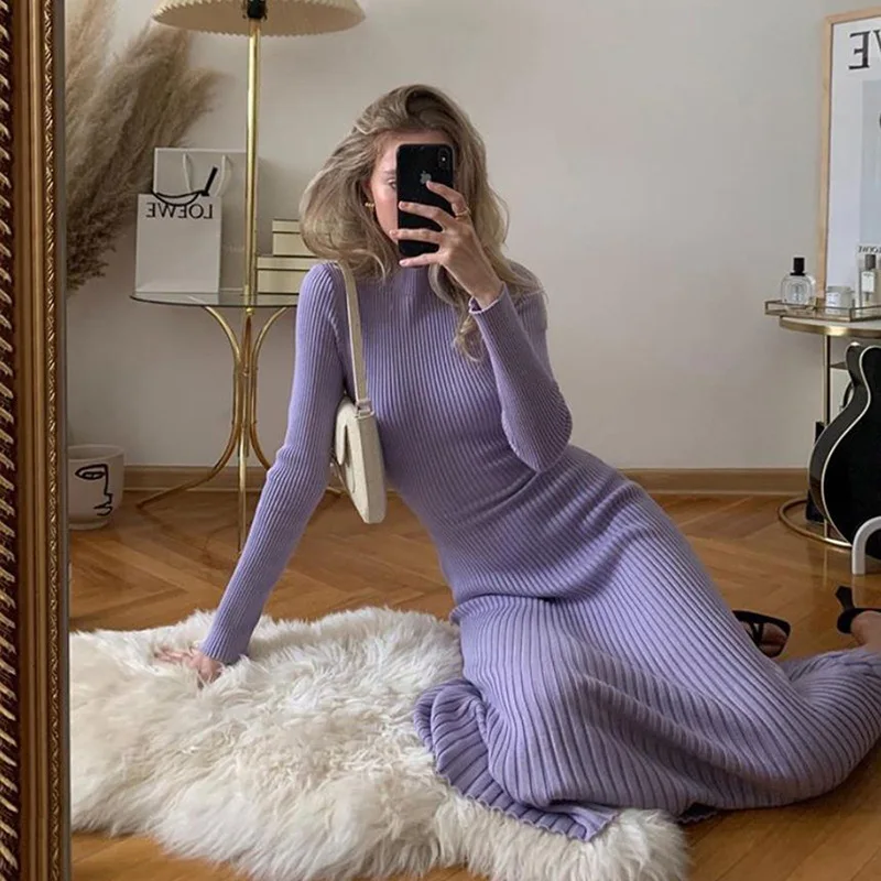 

Свитер с длинным рукавом, длинная юбка с открытой спиной, Женская осенне-зимняя облегающая вязаная Повседневная фиолетовая одежда, однотонное облегающее модное платье