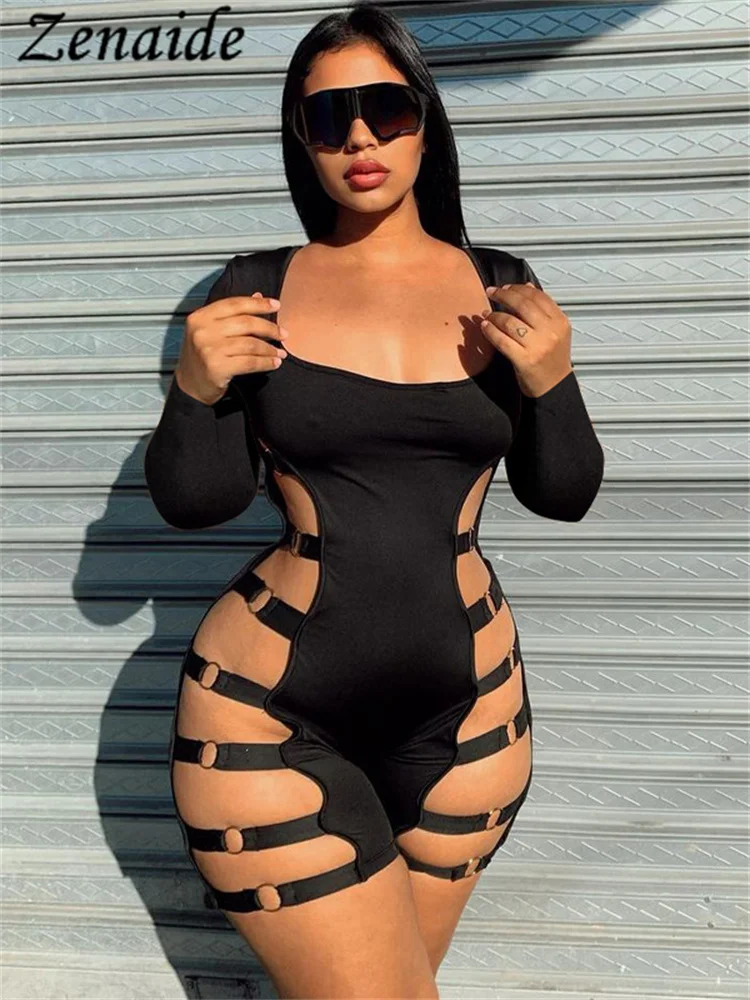 

Zenaide 2022 Autumn Winter Long Sleeve Cut Out Playsuits Skinny Sexy Rompers Women Club Black Fashion Casual Overalls