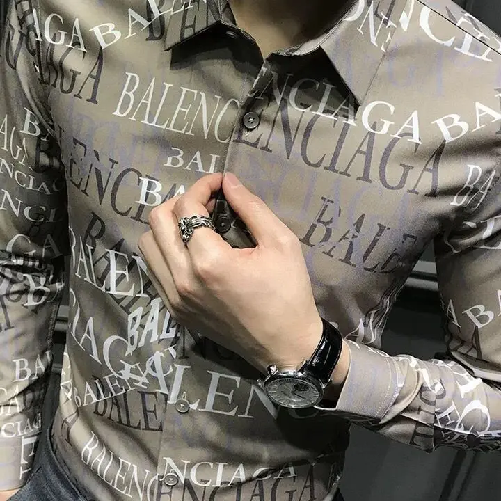 Autumn men's handsome letter printed shirt Korean slim trend casual shirt men's long sleeve tide brand shirt