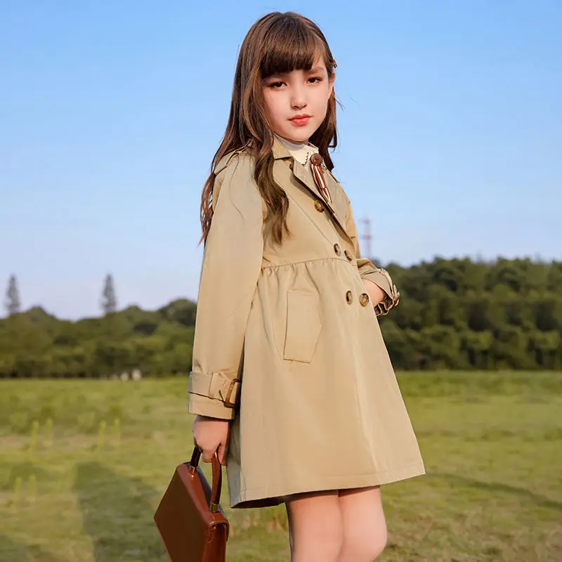 

Breast Spring Girls Style Double Leisure Fashion Baby Kids Khaki Jacket Long Coat Trench England Children For Windbreaker Autumn