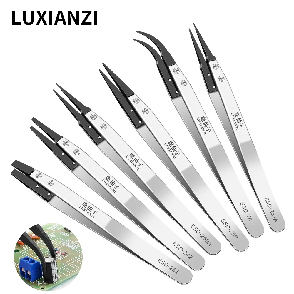 

LUXIANZI 1Pc Anti-static Industrial Tweezers Curved Straight Tip Precision Forceps Nail Art Beads Picking Nipper Tool Depilatory