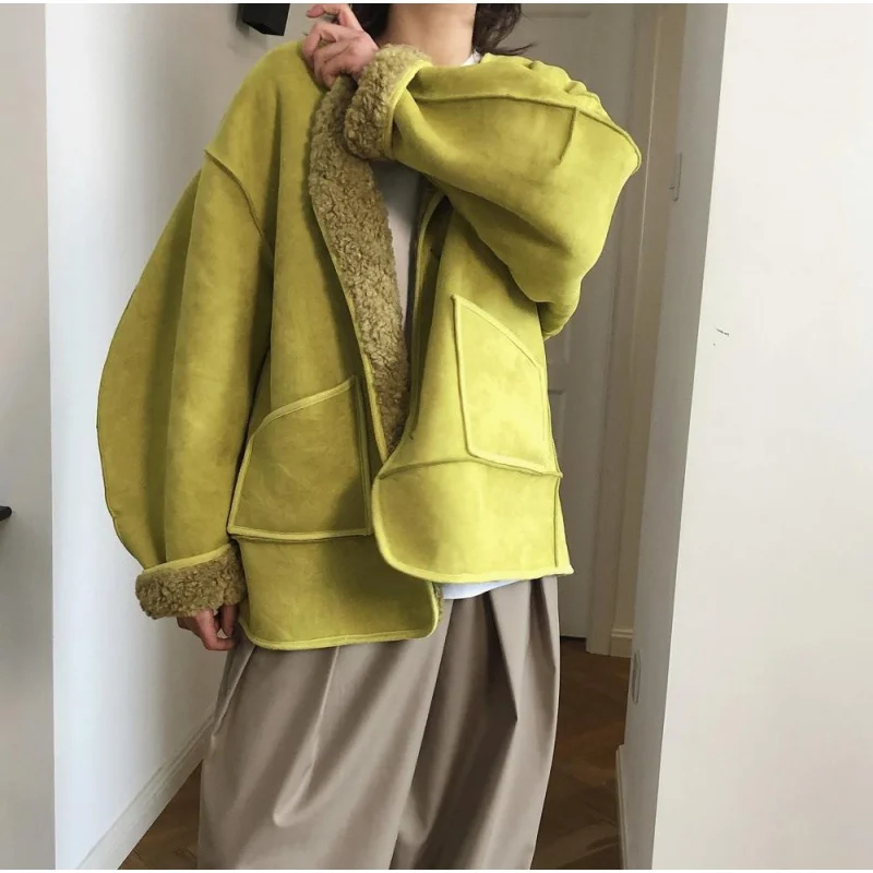 

Модное женское плотное теплое зимнее Двустороннее пальто из двусторонней шерсти в Корейском стиле Свободная куртка с круглым вырезом
