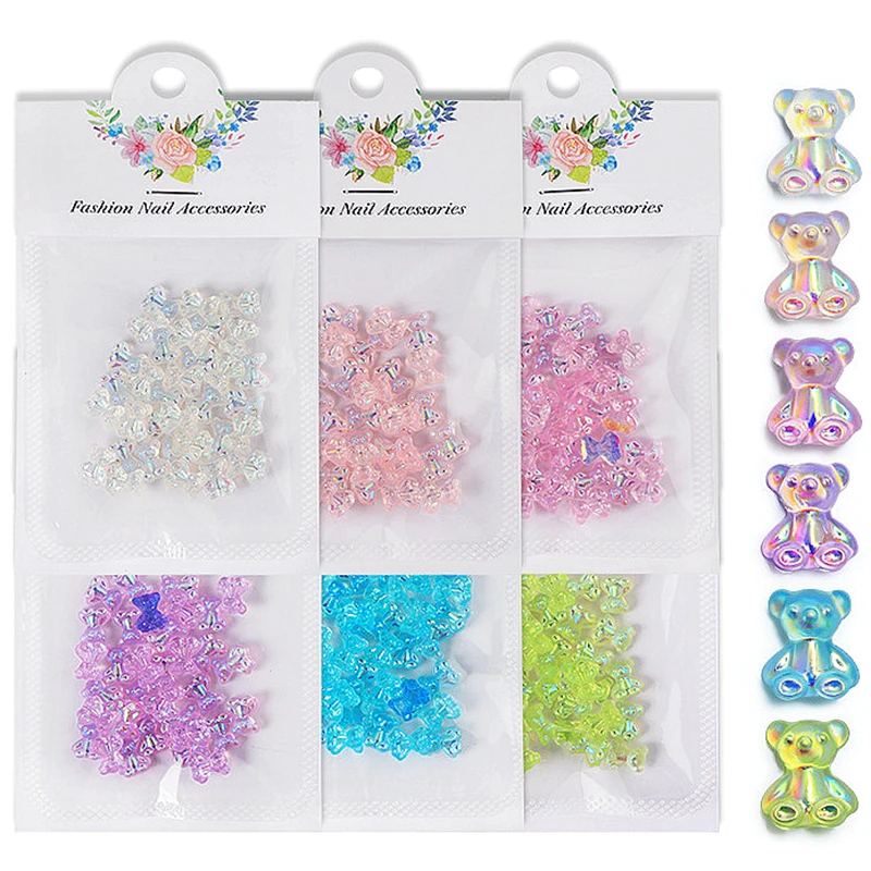 

30PCS/Bag Aurora Ice Transparent Nail Art Bear Charms Parts Flatback Resin Rhinestones For Nails Decoration Accessories Supplies