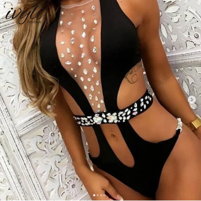 

2022 Sexy Mesh Crystal Diamonds Women's One Piece Swimsuit Solid Color Push Up Thong Swimsuit Monokini Brazilian Swimsuit