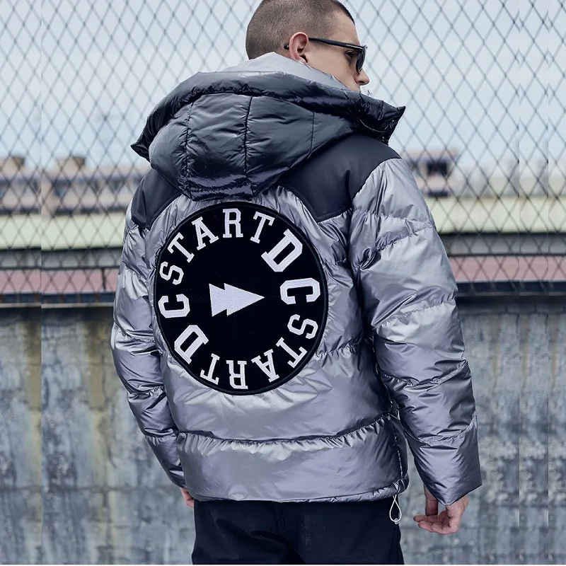 Mens Fashion Shiny Letter Embroidered Winter Warm Jacket 2022 Colorblock Removable Hooded Parkas Outdoor Sports Jackets