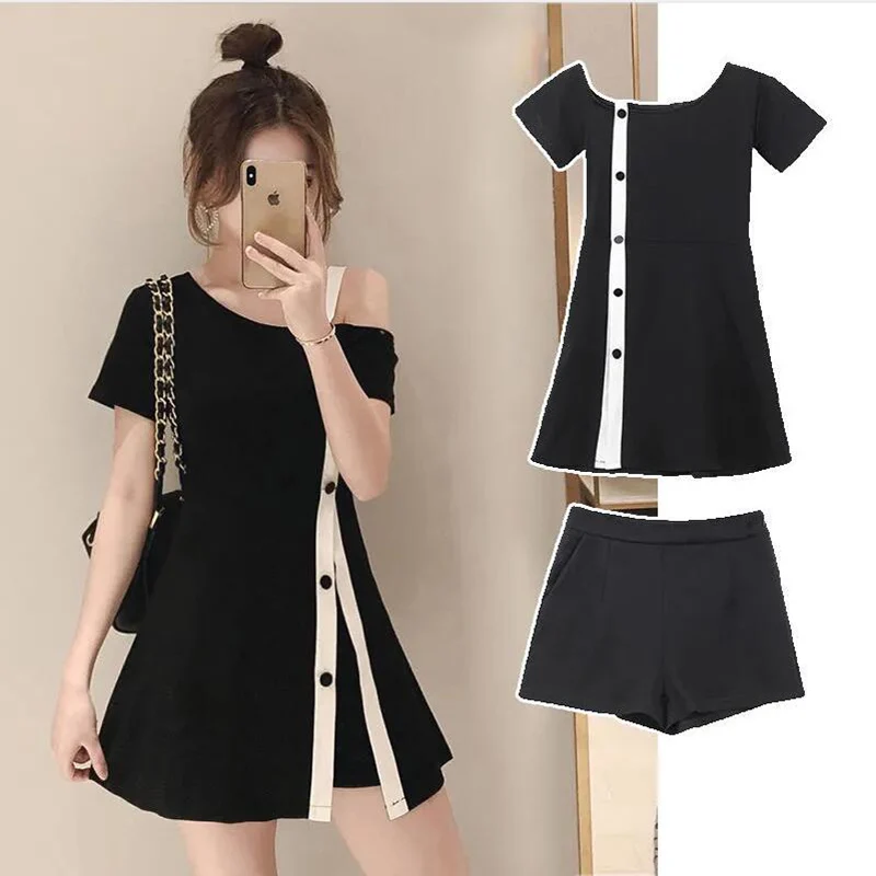 

New 2021 Women's Summer Suit Fashion Sexy Button Asymmetric two-piece Skew Collar Short Sleeve Dress + Shorts Sets