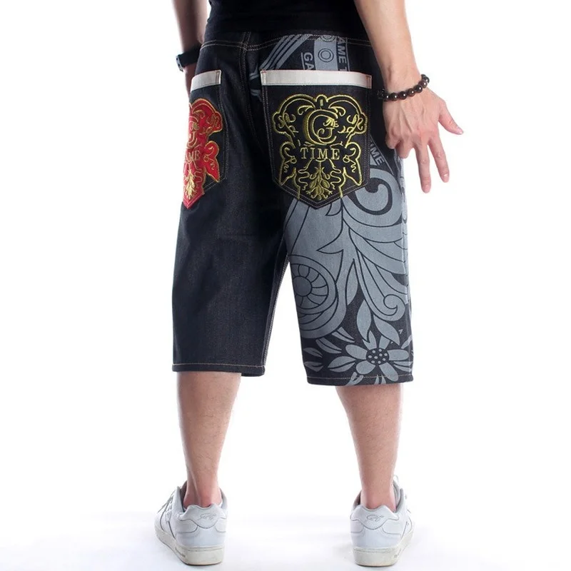 Summer Men's Wide Leg Denim Shorts Loose Straight Skating Pants Embroidered Printed Hip Hop Shorts Mid Pants Jeans Plus Size