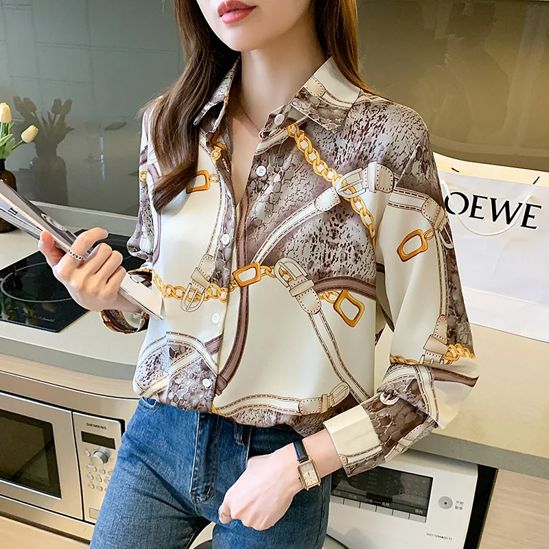 

Women's Chain Wpmen Shirt Printed Satin Chiffon Blouse Draped Silk Long Sleeve Shirt Blusas Mujer De Moda 2022 Verano Elegantes