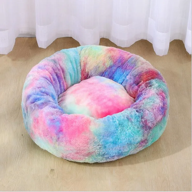 

Best Soft Cat Bed Winter Comfortable Round Bed Colorful Rainbow Design Dog Bed House For Puppy Cat Bed Pets Deep Sleeping House