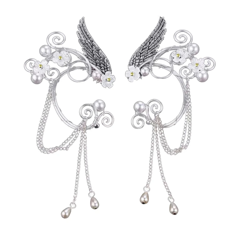 

1Pair Fairy Earmuffs Silver Pearl Beaded Tassel Earrings Craftsmanship Ear Clip