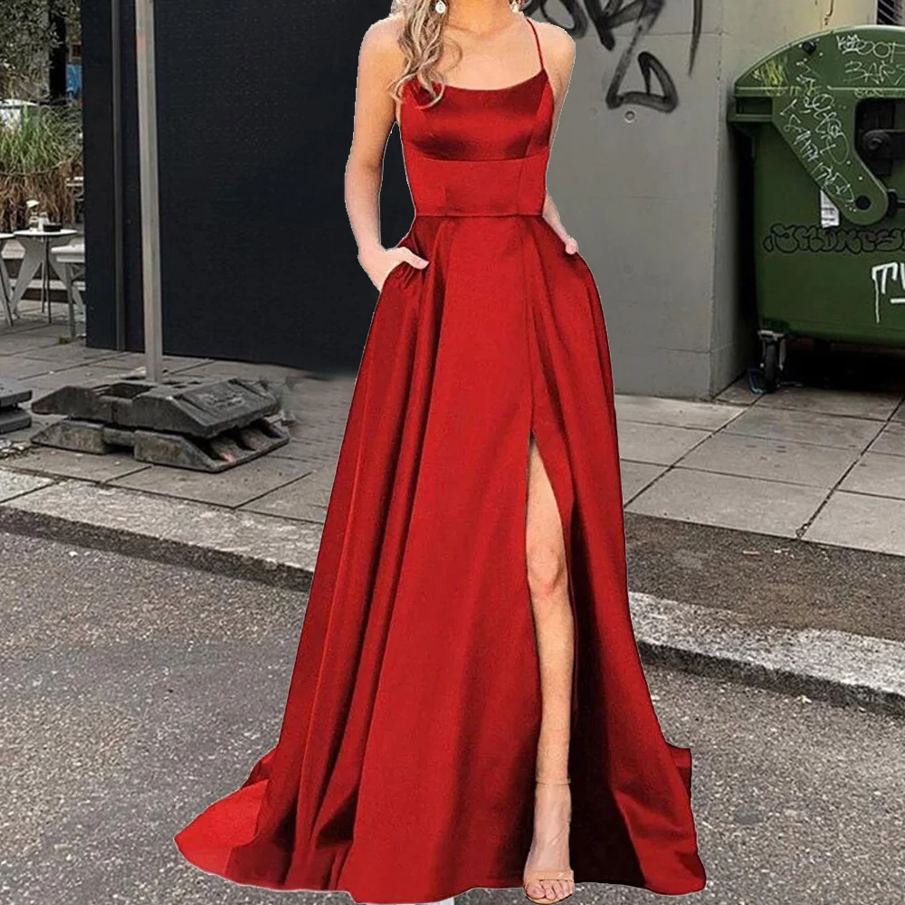Red Women's Sexy Spaghetti Velvet Maxi Dress Fashion Sleeveless Split Long Dress Ladies 2023 New in Formal Evening Party Dresses