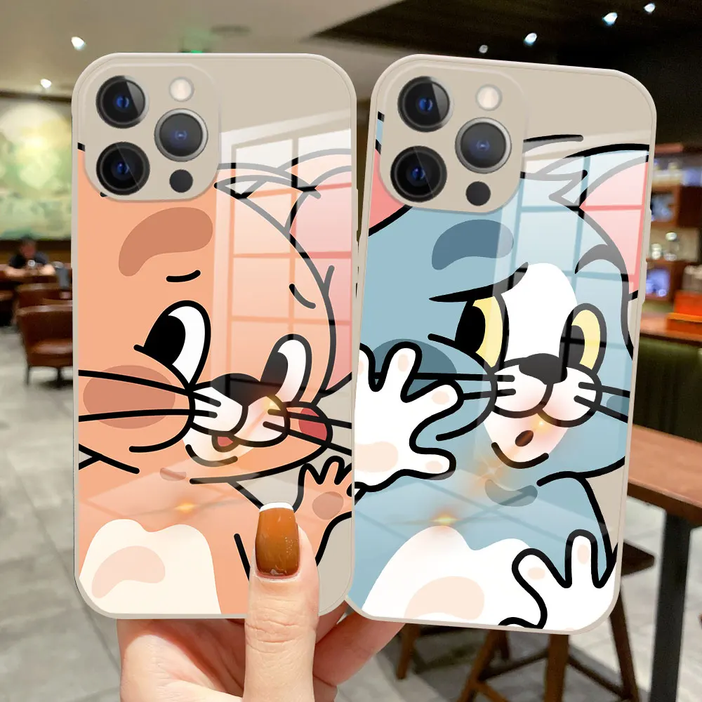 

Cartoon Cute Cat Mouse Cases For iPhone 13 12 Pro Max Mini 11 Pro Max X XR XS MAX SE 2020 8 7 6s Plus Glass Silicone Phone Cover