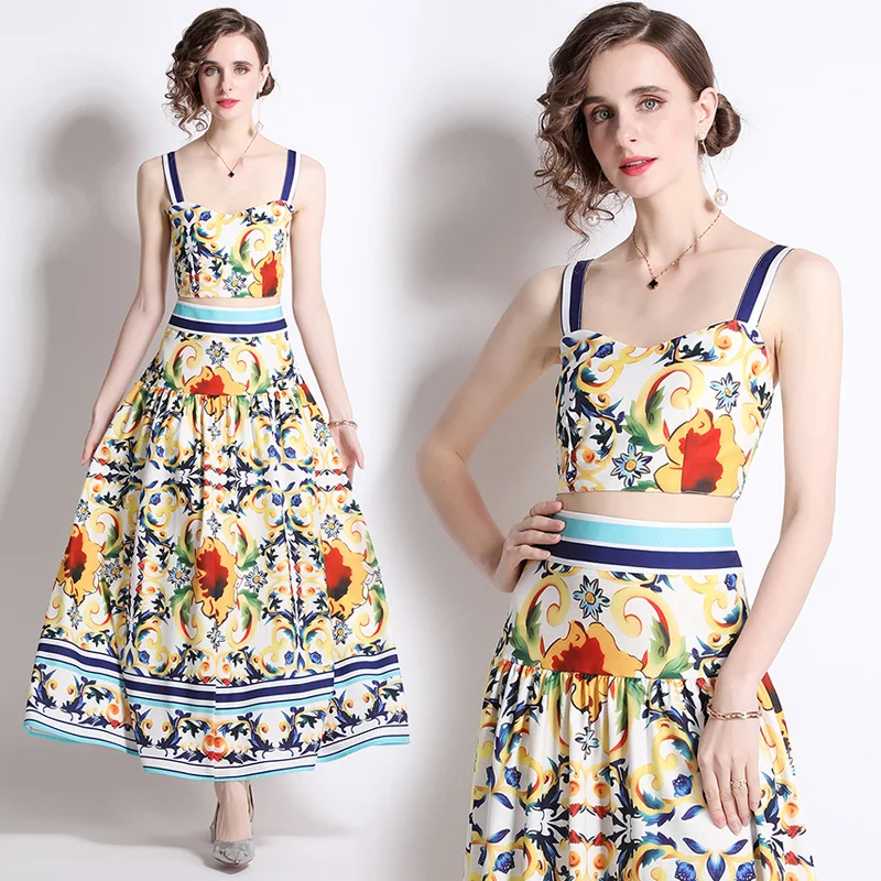 

2023 пикантное маленькое платье на бретельках с высокой талией в европейском и американском стиле ретро с принтом костюм из двух частей